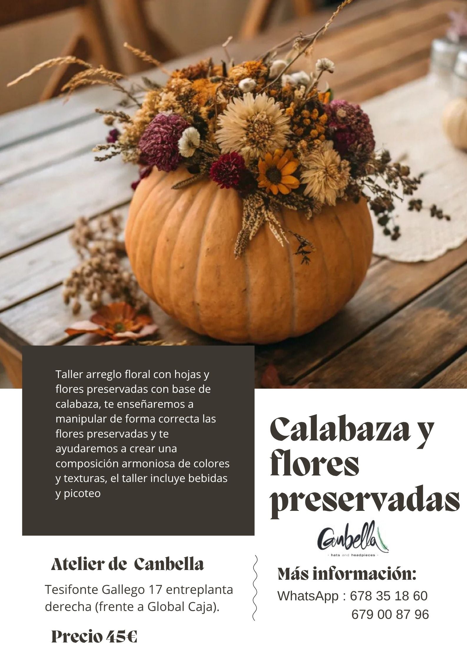 Taller arreglo calabaza y flores preservadas